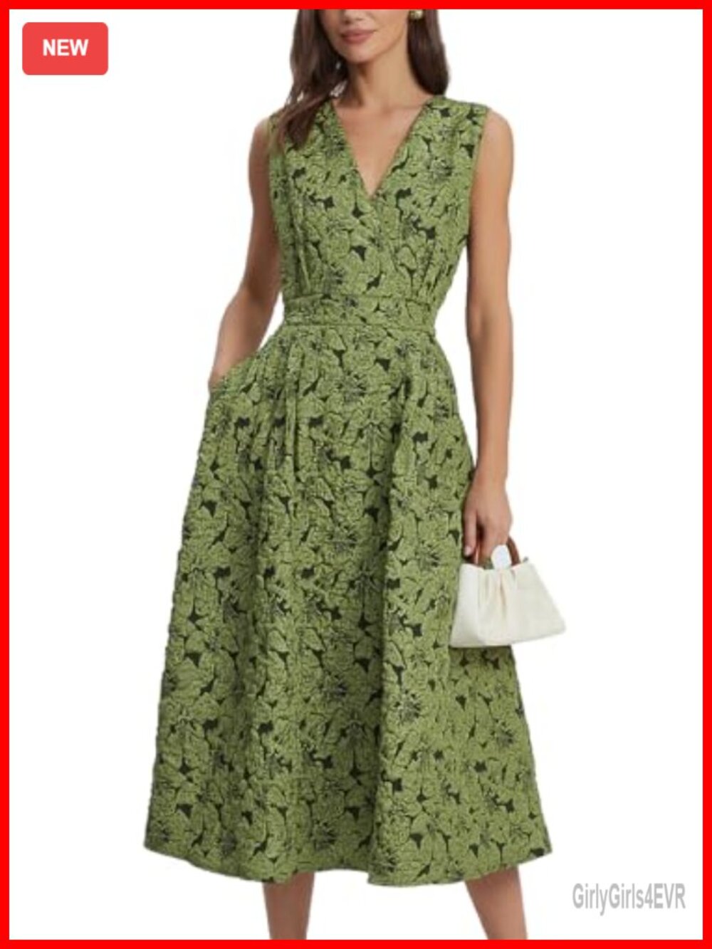 Womens Sleeveless Floral Jacquard Midi Dress V-Neck A-Line Cocktail